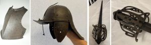Armour from the English Civil war: a breastplate and a helmet