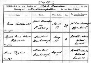 Image of Little Bowden Parish Records, showing the death record of Vere Caldwell