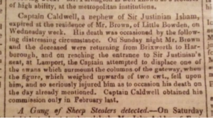 Image of a report from the Northampton Mercury, describing the death of Vere Caldwell