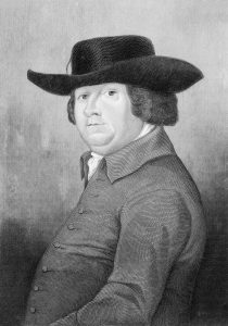 Drawing of a middle aged man wearing a wide brimmed hat, and jacket with collar, and buttons down the front