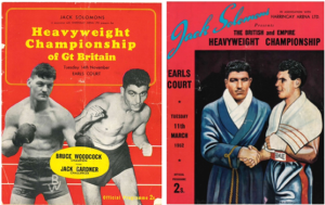 Two boxing programmes with red covers and images of boxers on the front