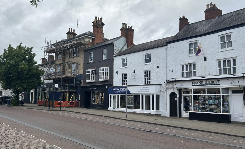 A row of shops and restaurants